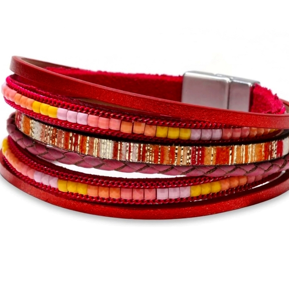 Leather Wrap Boho Bracelet With Magnetic Closure 7" in Length - Picture 4 of 8